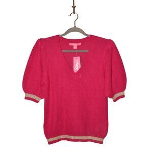 LILLY PULITZER $128‎ Pink Short Puff Sleeve Skylynn Sweater Gold Metallic Trim S
